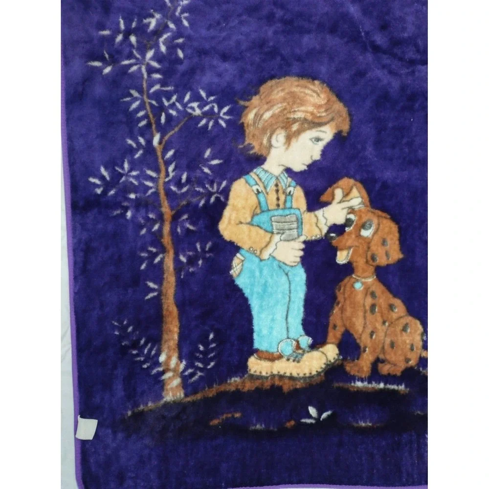 Vtg Purple Boy & Puppy‎ Dog Tree Throw Blanket 40x50 Overalls Brown htf Thick